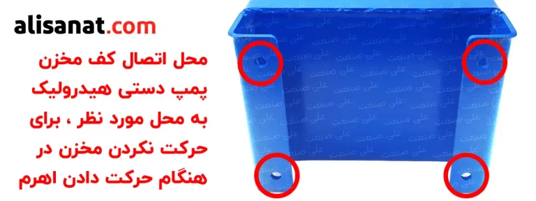 محل اتصال به کف ، مخزن پمپ دستی هیدرولیک که در این تصویر محل های اتصال به وضوح مشخص شده اند و بستن یونیت پمپ دستی بر روی این محل های اتصال سبب حرکت نکردن یونیت حین حرکت دادن اهرم آن می شود