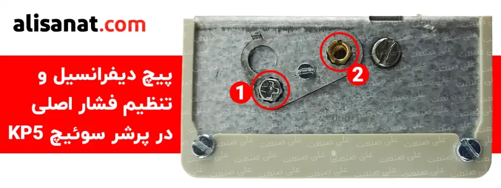 پیچ تنظیم فشار و دیفرانسیل در پرشر سوئیچ KP5 به ترتیب مشخص شده در تصویر بوده و از طریق چرخاندن آن ها قابلیت تنظیم دارد