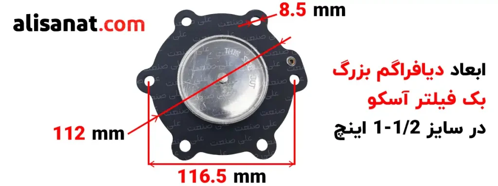 ابعاد دیافراگم بزرگ بک فیلتر سایز یک و یک دوم آسکو در این تصویر با جزییات مشخص شده است