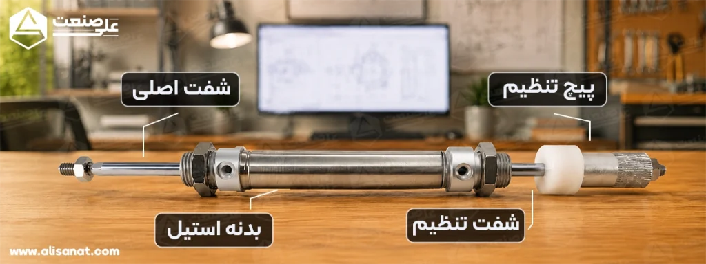 طول رزوه در دو سمت جک پنوماتیک با کورس قابل تنظیم قلمی به این شکل است که در سمت قابل تنظیم طول آن بیشتر از سمت دیگر بوده و این قابلیت را می دهد که با بسته شدن در این محدوده ، محدود کننده سمت دیگر باشد