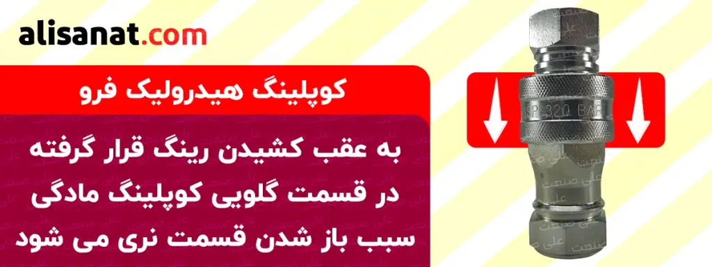 باز کردن کوپلینگ هیدرولیک فرو به این شکل است که با فشردن رینگی که در گلویی کوپلینگ مادگی قرار دارد امکان پذیر می شود