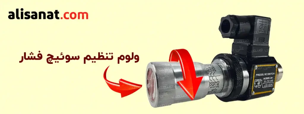 ولوم تنظیم سوئیچ فشار در پرشر سوئیچ هیدرولیک همان ولومی است که در بالای پرشر سوئیچ قرار گرفته و می توان به کمک آن حد بالای فشار سوئیچ را برای پرشر سوئیچ تعریف کرد