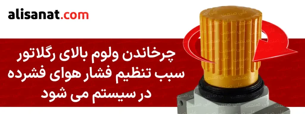 تنظیم فشار سیستم در رگلاتور پنوماتیک طرح فستو با چرخاندن ولومی که در بالای آن قرار دارد انجام شده و از این طریق می توان فشار هوای خروجی از آن را تنظیم کرد
