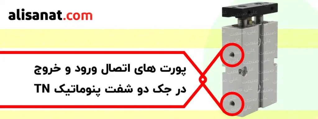 پورت های اتصال ورود و خروج جک دو شفت پنوماتیک به شکلی طراحی شده است که با ورود هوای فشرده به هر یک ازین پورت ها ، هر دو شفت موجود در جک به حرکت در می آیند