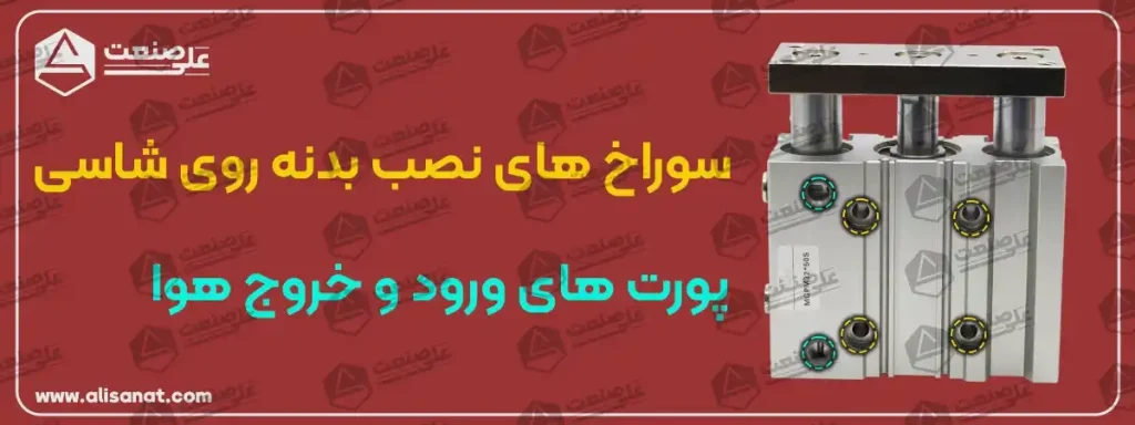 سوراخ های نصب از بغل و پورت های ورود و خروج هوا به منظور جلو و به عقب راندن جک پنوماتیک بوده و تبادل هوا از طریق آن ها انجام می شود