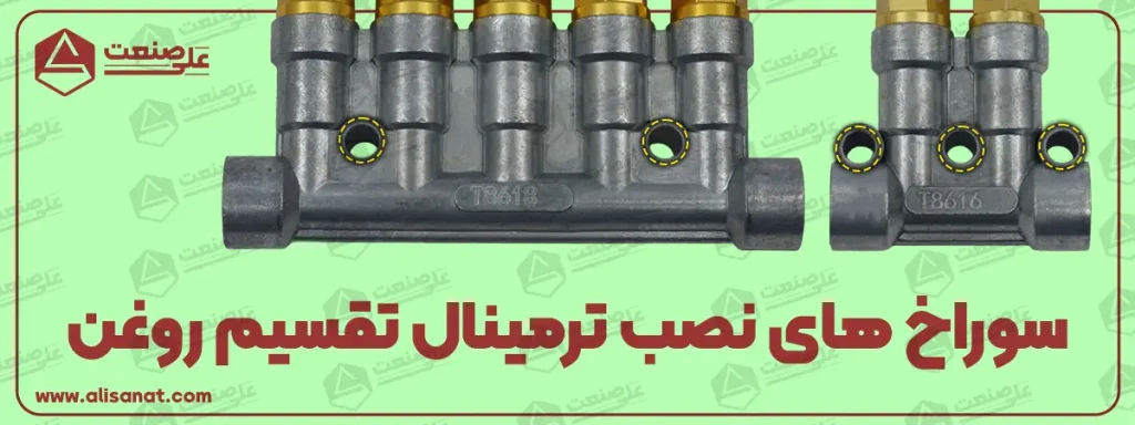 سوراخ های نصب ترمینال تقسیم روغن کاری برای فیکس کردن ترمینال در محل مورد نظر در نظر گرفته شده است تا ثابت بوده و بتواند زاویه مناسب خود را حفظ نماید